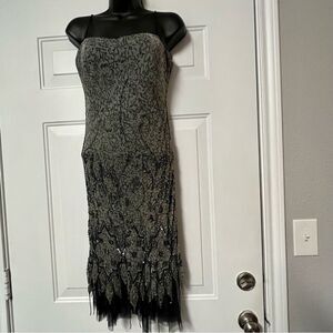 Vtg 90s Y2K Christyne Forti Gray Black Silk Gold Beaded Tulle Slip Dress 4 S